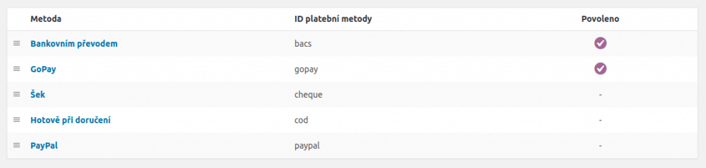 WooCommerce platební metody - příklad