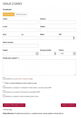 Formulář pro dárce - možnost přepínání fyzická x právnická osoba