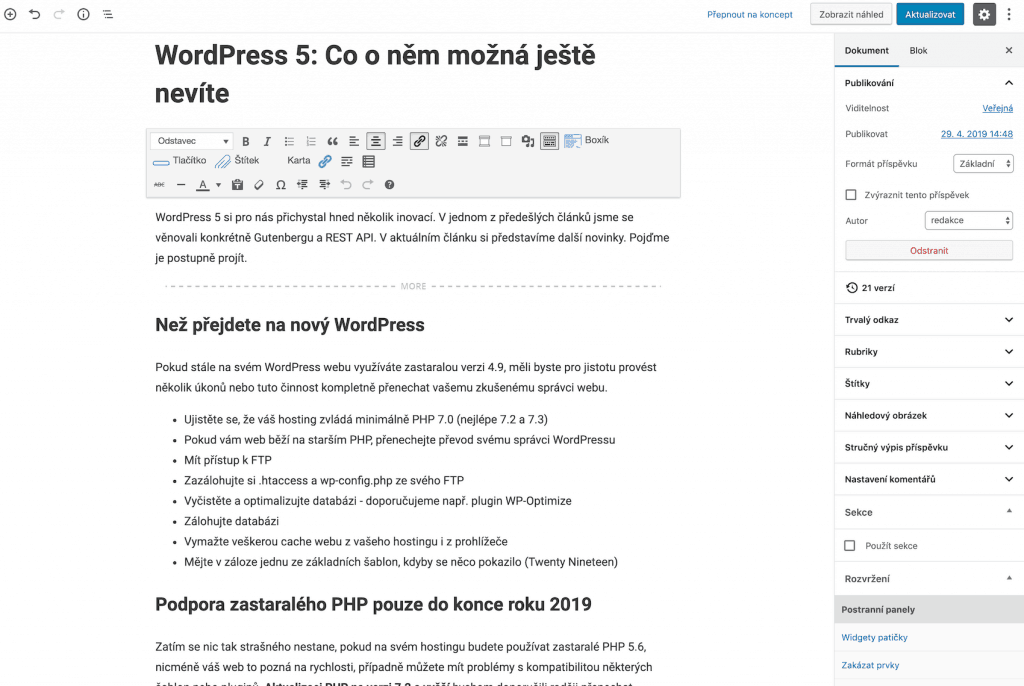 WordPress 5 Gutenberg editor v adminu