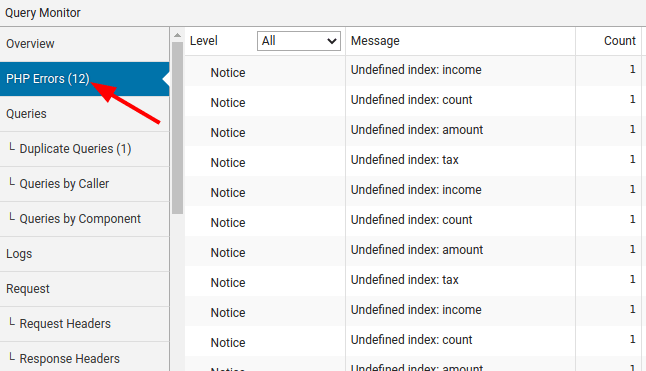 Query Monitor zobrazuje PHP chyby