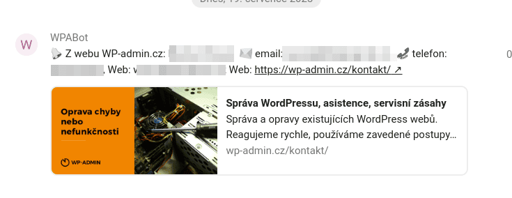WordPress a odesílání e-mailů 2 Zpráva v Nextcloud chatu z formuláře na webu