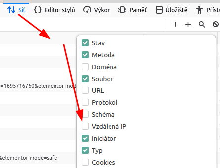 Odstranit nepotřebné sloupce v DevTools
