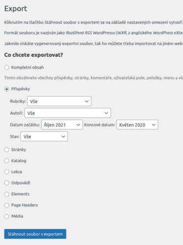 Příklad exportu dat z WordPressu