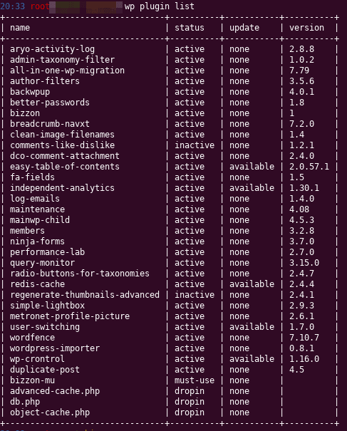WP-CLI 1 Seznam pluginů