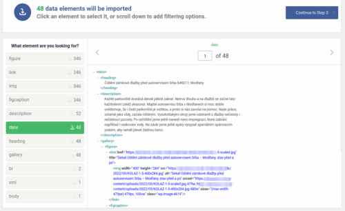 Výběr kořenového elementu před importem