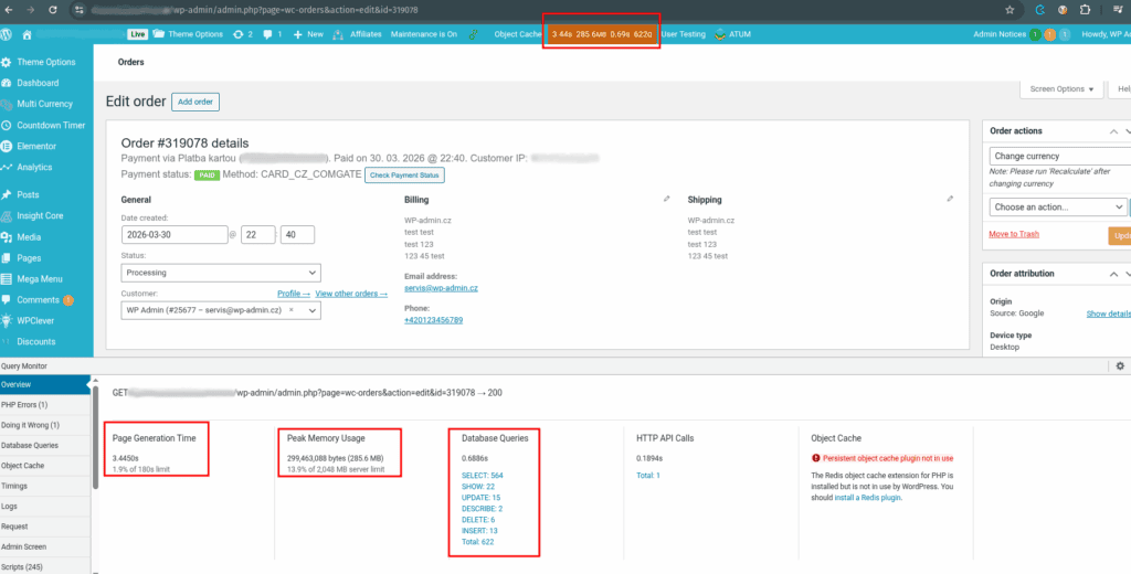 Ukázka administrace objednávky ve WooCommerce