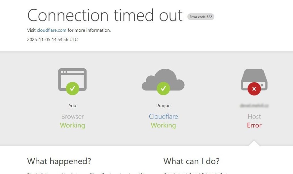 chyba Cloudflare 522 Connection timed out, doména zakrytá
