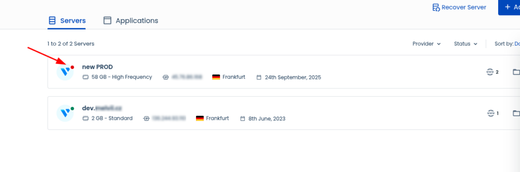 přehled serverů v Cloudways během řešení výpadku, doména zakrytá