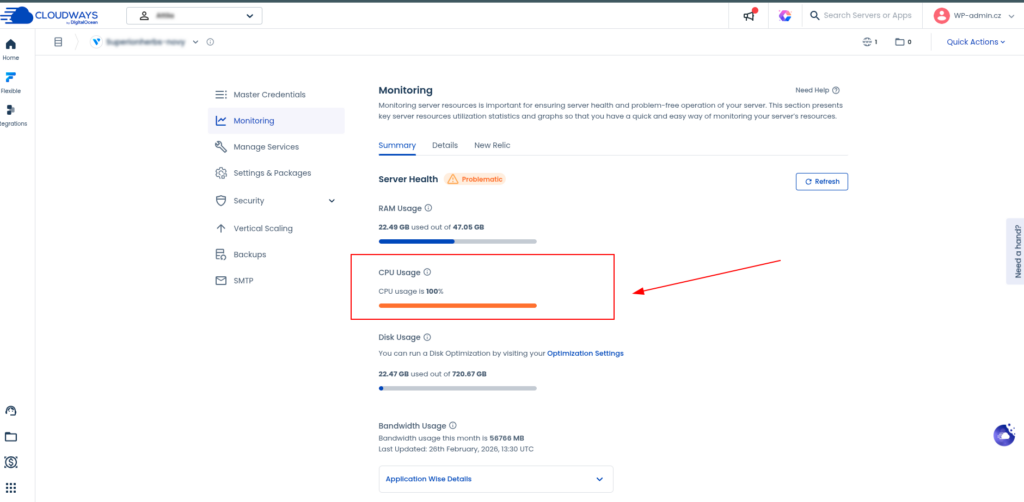 Cloudways monitoring, stav serveru Problematic, CPU usage 100 procent