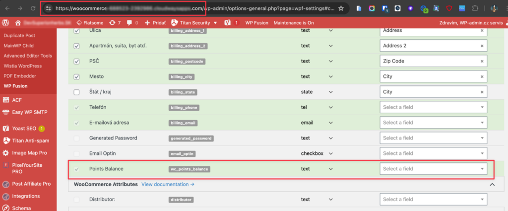 mapování pole Points Balance mezi WooCommerce a Ontraportem, doména zakrytá