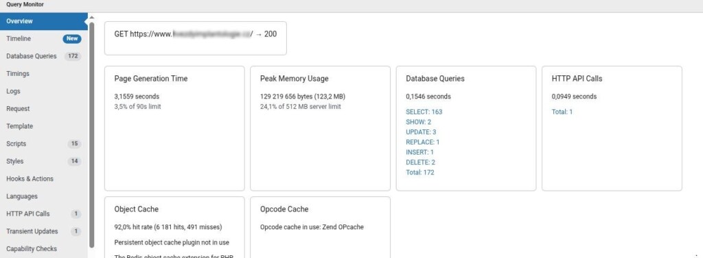přehled výkonu webu po navýšení hostingu, doména zakrytá