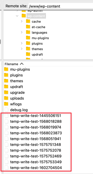 FTP pohled do wp-content s podezřelými dočasnými soubory temp-write-test