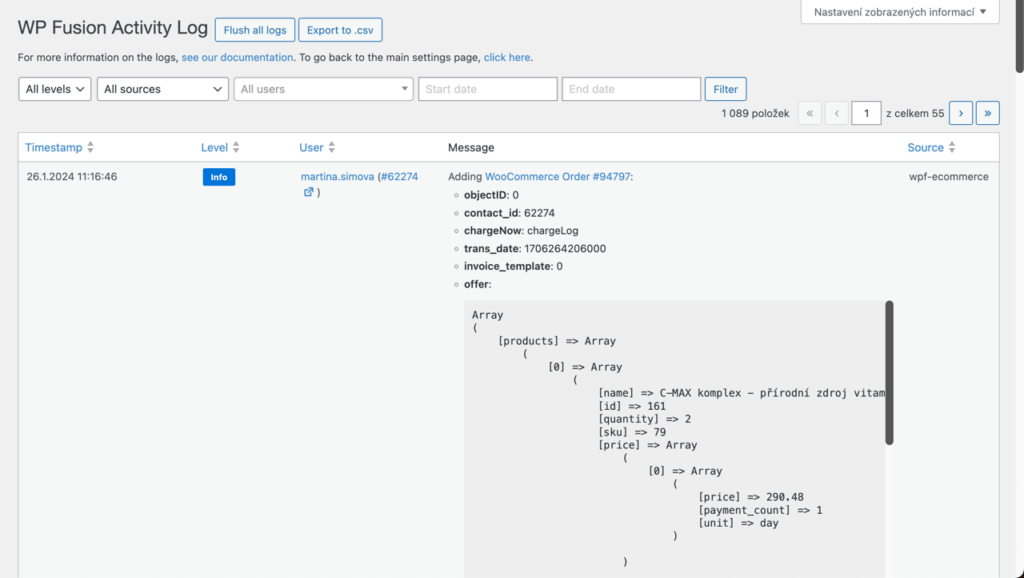 WP Fusion Activity Log s chybou Push user meta aborted, no metadata found for user