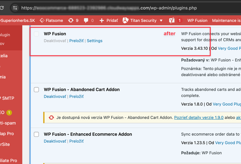stav pluginu WP Fusion po aktualizaci na verzi 3.43.10