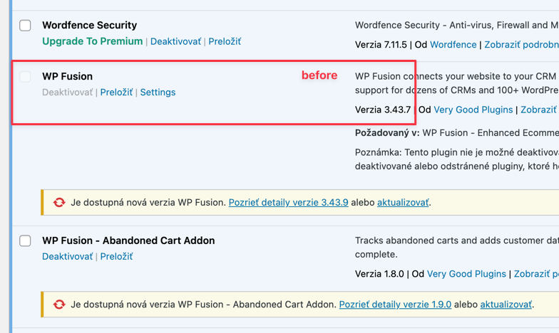 stav pluginu WP Fusion před aktualizaci na verzi 3.43.7