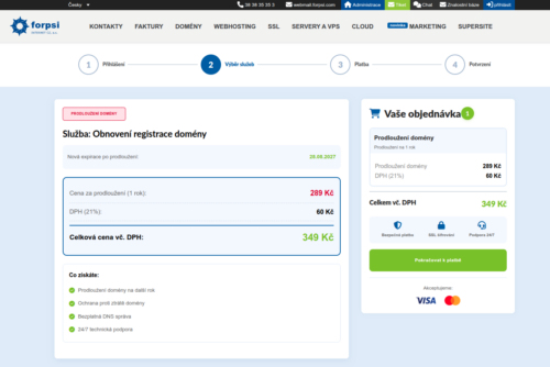 Ukázka falešné stránky Forpsi s výzvou k platbě za obnovení registrace domény