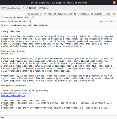 Mail z hostingu o havárii serveru